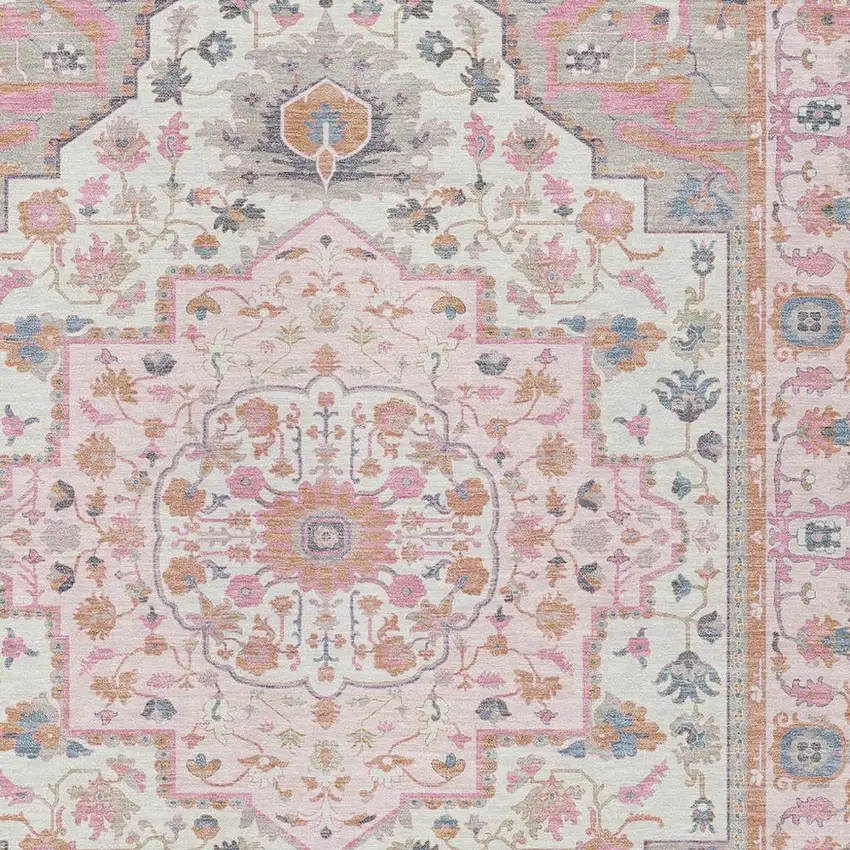 Pink And Gray Oriental Washable Indoor Outdoor Area Rug Photo 5