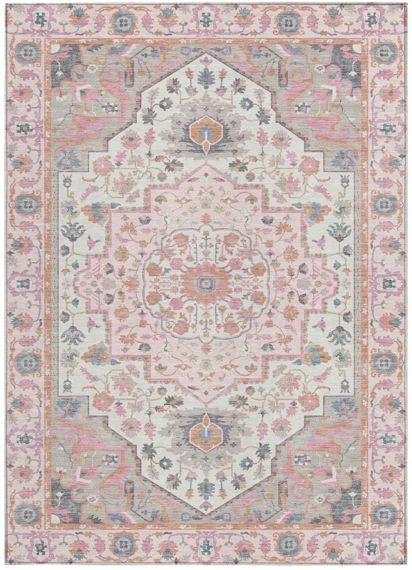 Pink And Gray Oriental Washable Indoor Outdoor Area Rug Photo 4