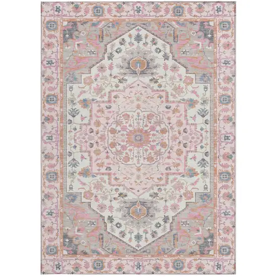 Pink And Gray Oriental Washable Indoor Outdoor Area Rug Photo 4