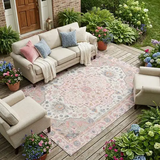 Pink And Gray Oriental Washable Indoor Outdoor Area Rug Photo 1