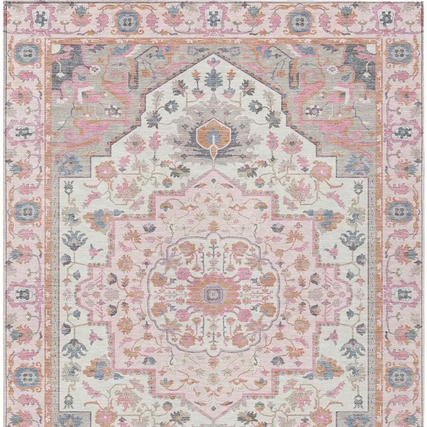 Pink And Gray Oriental Washable Indoor Outdoor Area Rug Photo 6