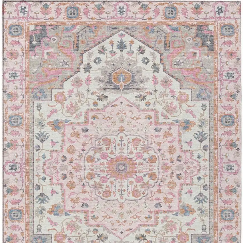 Pink And Gray Oriental Washable Indoor Outdoor Area Rug Photo 3