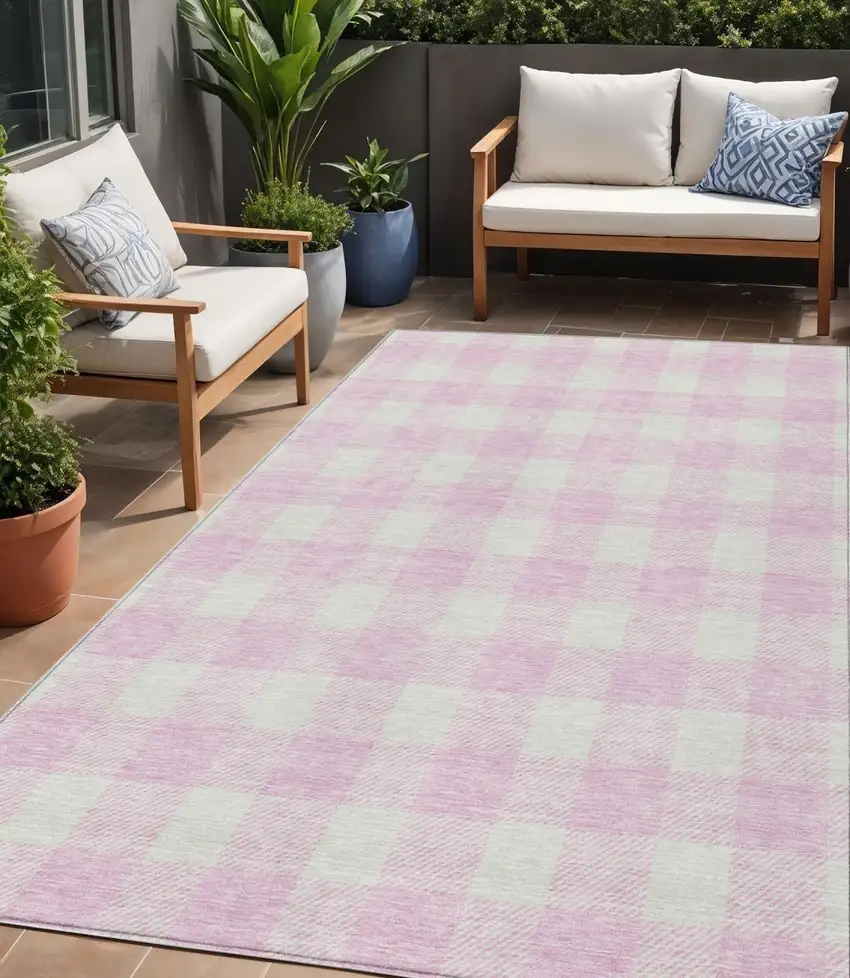 Pink And Gray Plaid Washable Indoor Outdoor Area Rug Photo 1