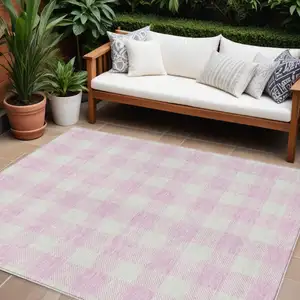 Photo of Pink And Gray Plaid Washable Indoor Outdoor Area Rug