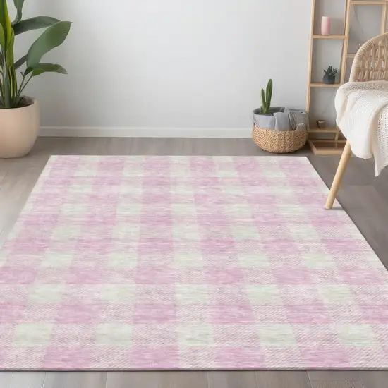 Pink And Gray Plaid Washable Indoor Outdoor Area Rug Photo 9