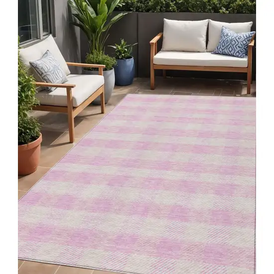 Pink And Gray Plaid Washable Indoor Outdoor Area Rug Photo 1