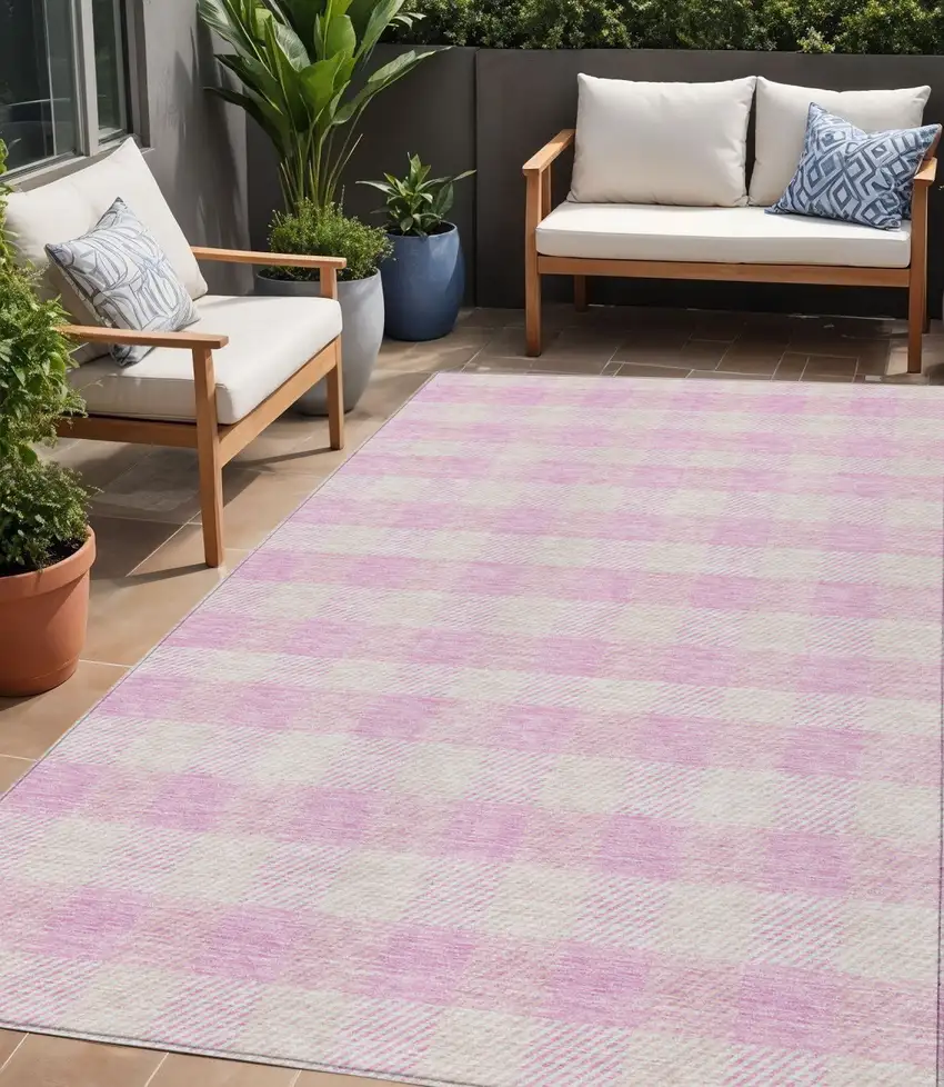 Pink And Gray Plaid Washable Indoor Outdoor Area Rug Photo 1
