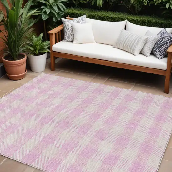 Pink And Gray Plaid Washable Indoor Outdoor Area Rug Photo 1