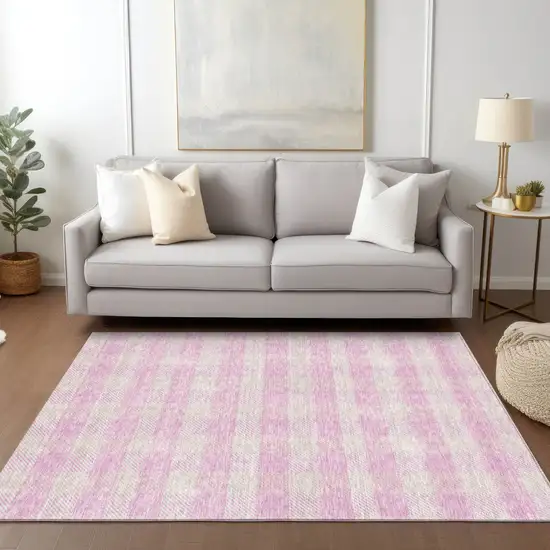 Pink And Gray Plaid Washable Indoor Outdoor Area Rug Photo 9