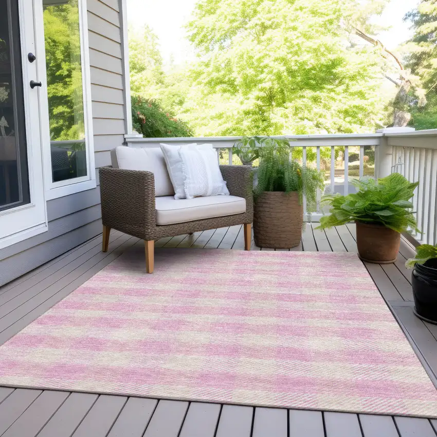 Pink And Gray Plaid Washable Indoor Outdoor Area Rug Photo 8