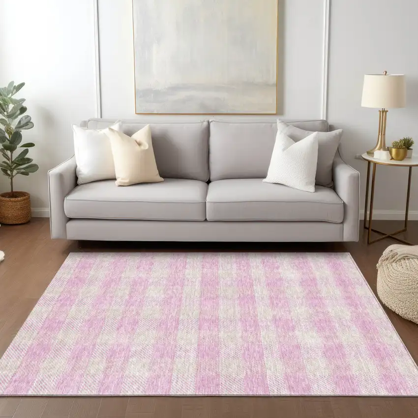 Pink And Gray Plaid Washable Indoor Outdoor Area Rug Photo 9