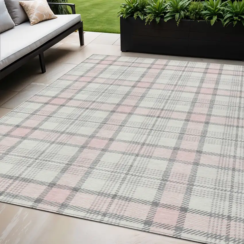 Pink And Gray Plaid Washable Indoor Outdoor Area Rug Photo 1