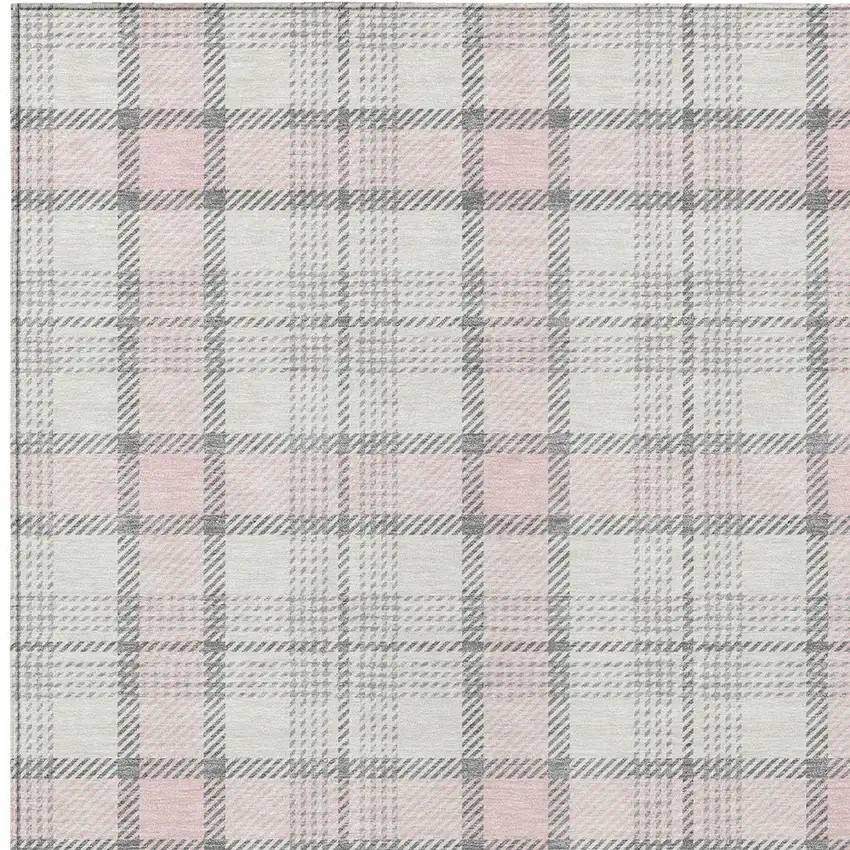 Pink And Gray Plaid Washable Indoor Outdoor Area Rug Photo 5