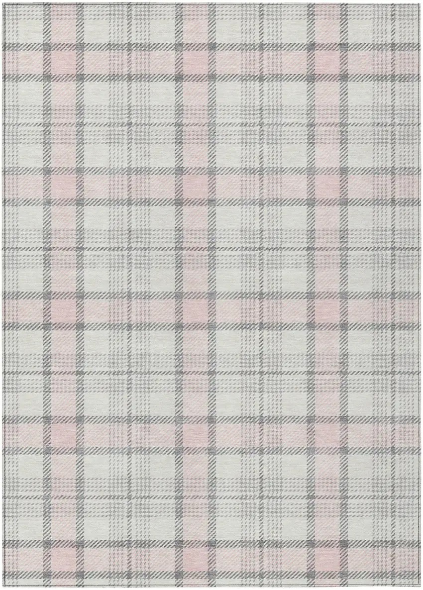 Pink And Gray Plaid Washable Indoor Outdoor Area Rug Photo 2