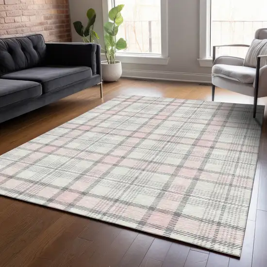 Pink And Gray Plaid Washable Indoor Outdoor Area Rug Photo 8