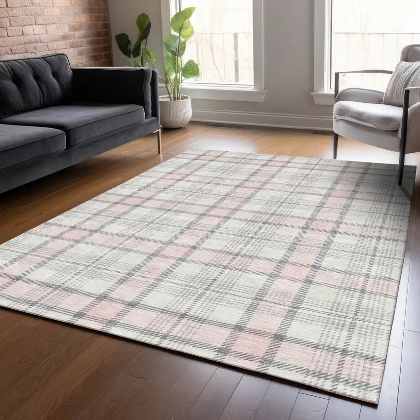 Pink And Gray Plaid Washable Indoor Outdoor Area Rug Photo 8