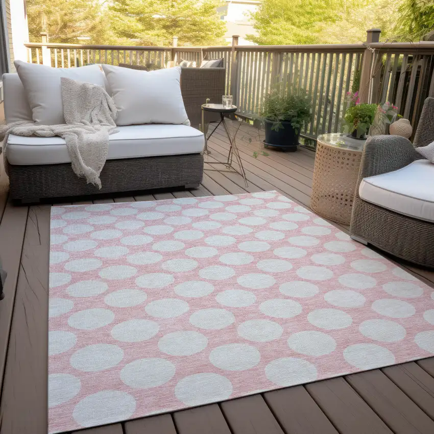 Pink And Gray Polka Dot Washable Indoor Outdoor Area Rug Photo 9