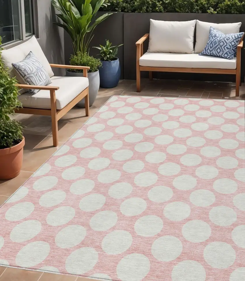 Pink And Gray Polka Dot Washable Indoor Outdoor Area Rug Photo 1