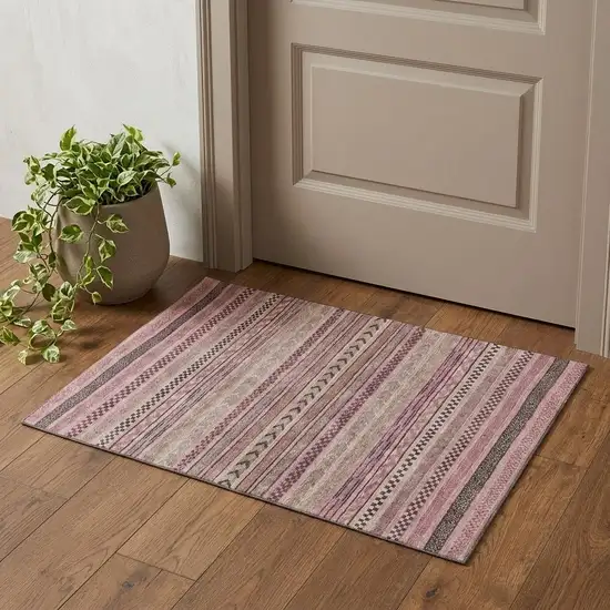Pink And Gray Striped Washable Area Rug With UV Protection Photo 1