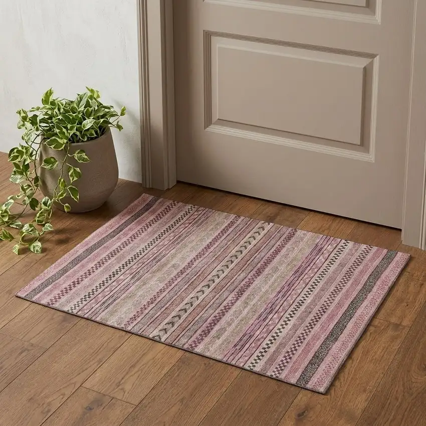 Pink And Gray Striped Washable Area Rug With UV Protection Photo 1