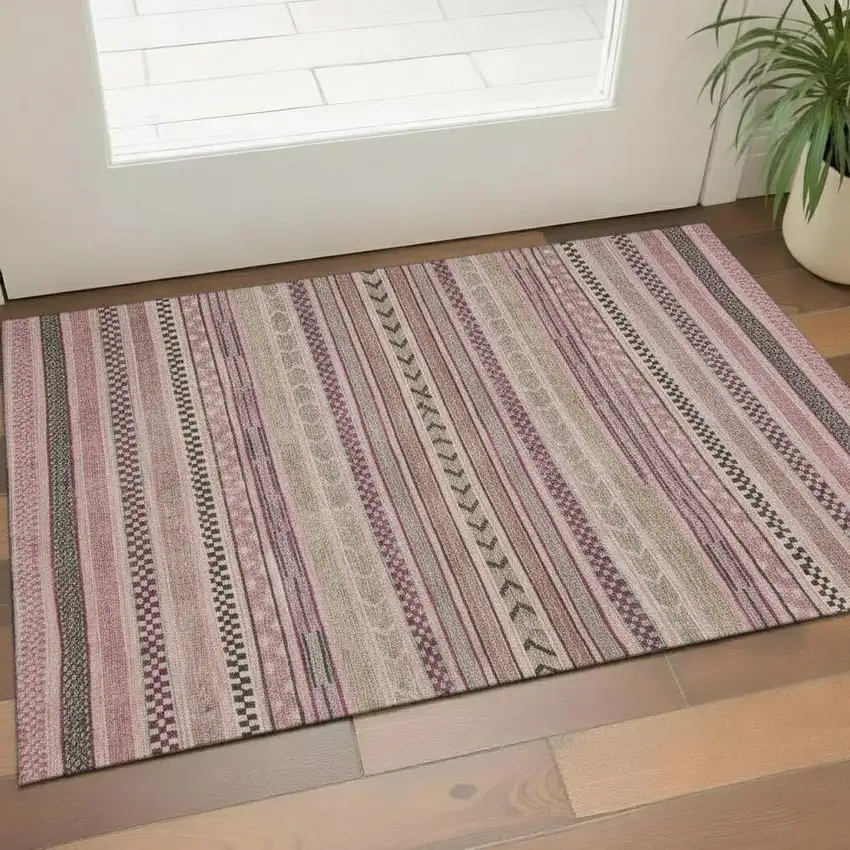 Pink And Gray Striped Washable Area Rug With UV Protection Photo 2