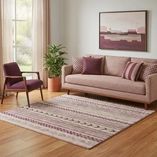 Pink And Gray Striped Washable Area Rug With UV Protection Photo 2