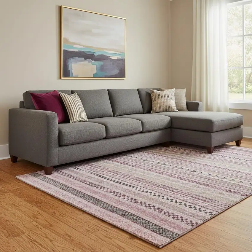 Pink And Gray Striped Washable Area Rug With UV Protection Photo 2