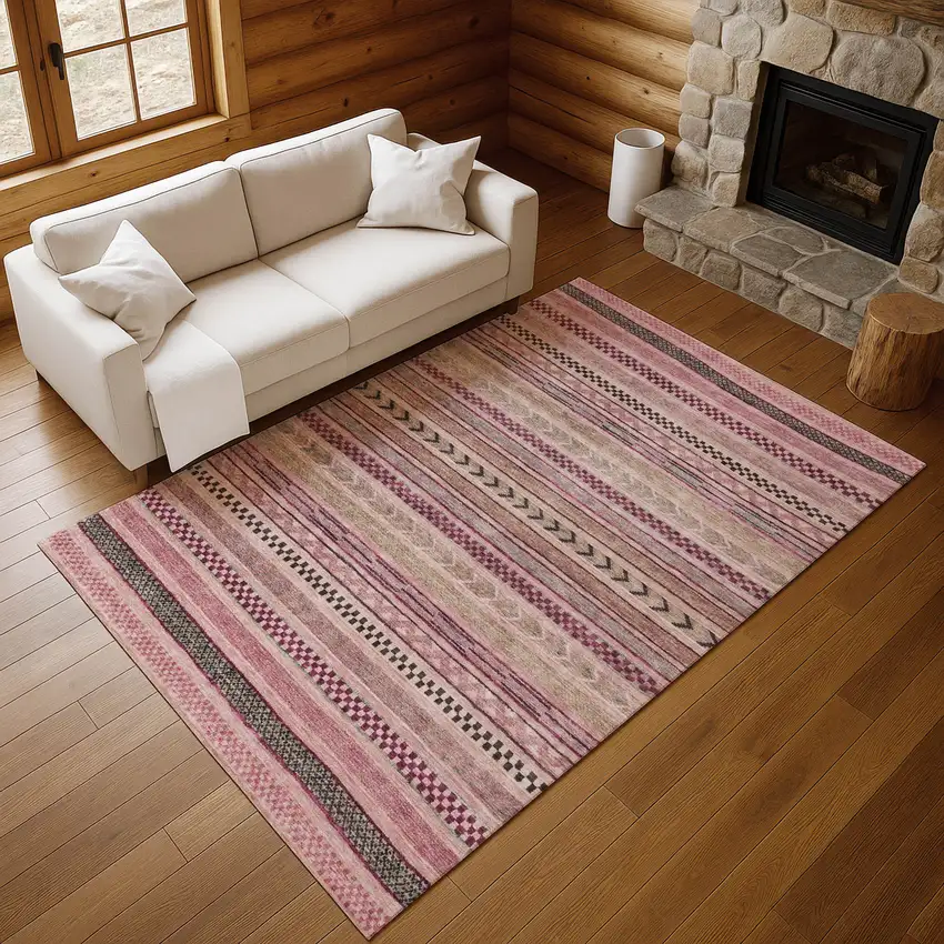 Pink And Gray Striped Washable Area Rug With UV Protection Photo 5