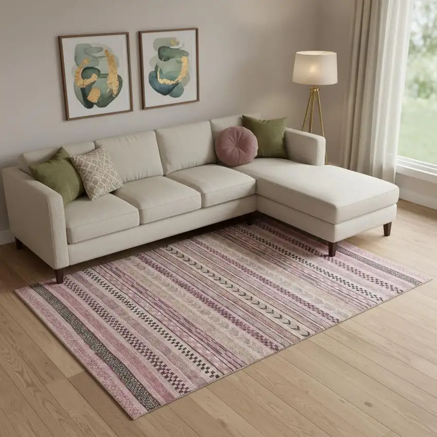 Pink And Gray Striped Washable Area Rug With UV Protection Photo 2