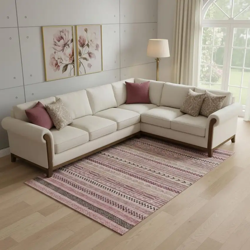 Pink And Gray Striped Washable Area Rug With UV Protection Photo 2