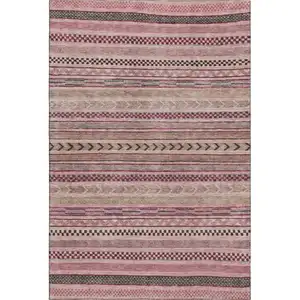 Photo of Pink And Gray Striped Washable Area Rug With UV Protection