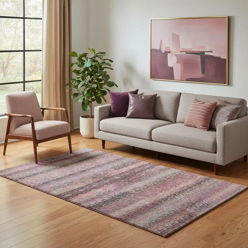 Pink And Gray Striped Washable Area Rug With UV Protection Photo 2