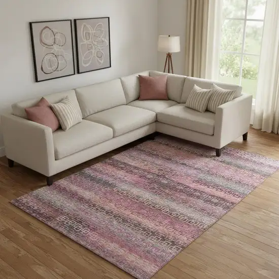 Pink And Gray Striped Washable Area Rug With UV Protection Photo 2