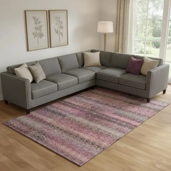 Pink And Gray Striped Washable Area Rug With UV Protection Photo 2