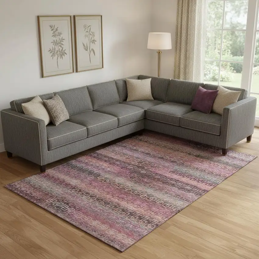 Pink And Gray Striped Washable Area Rug With UV Protection Photo 2