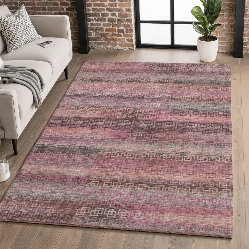Pink And Gray Striped Washable Area Rug With UV Protection Photo 5