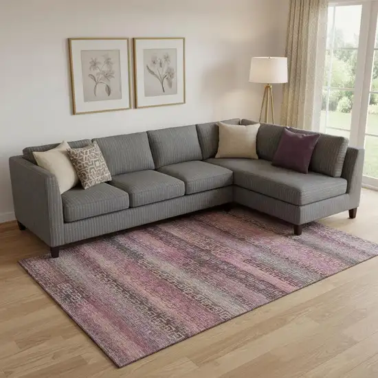 Pink And Gray Striped Washable Area Rug With UV Protection Photo 2