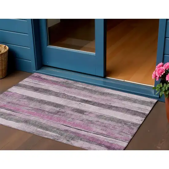 Pink And Gray Striped Washable Indoor Outdoor Area Rug Photo 2