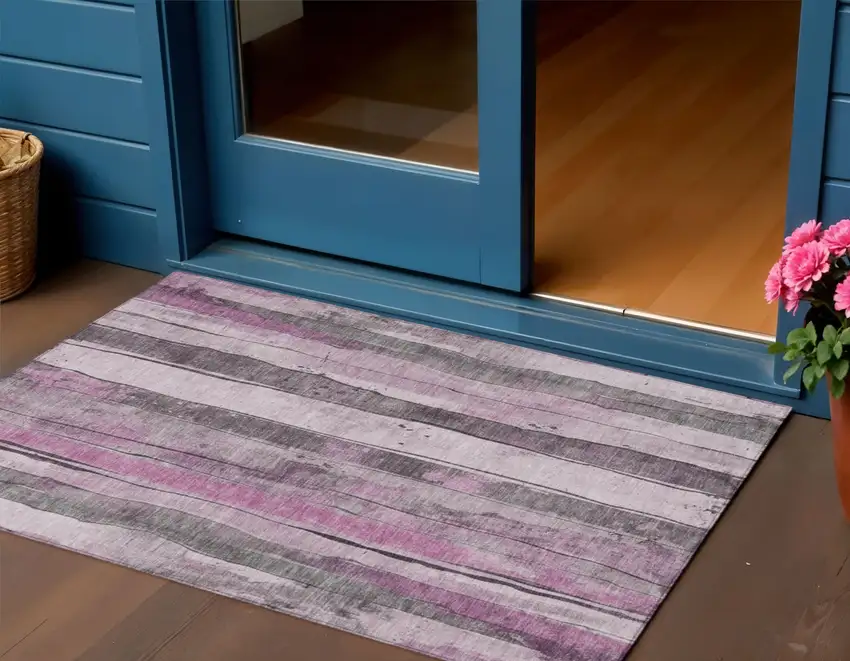 Pink And Gray Striped Washable Indoor Outdoor Area Rug Photo 2