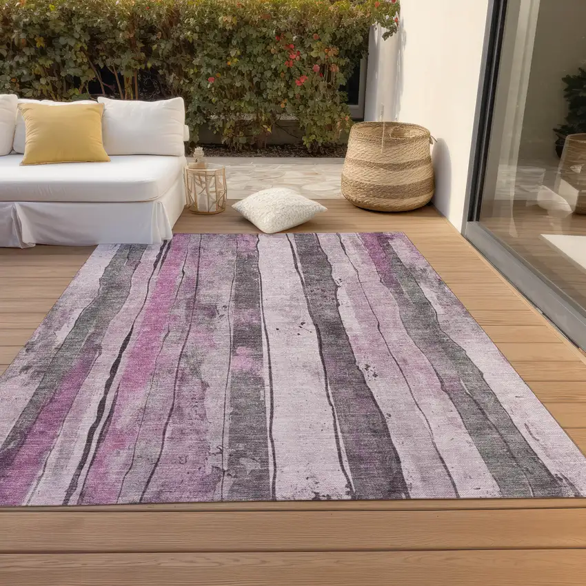 Pink And Gray Striped Washable Indoor Outdoor Area Rug Photo 8