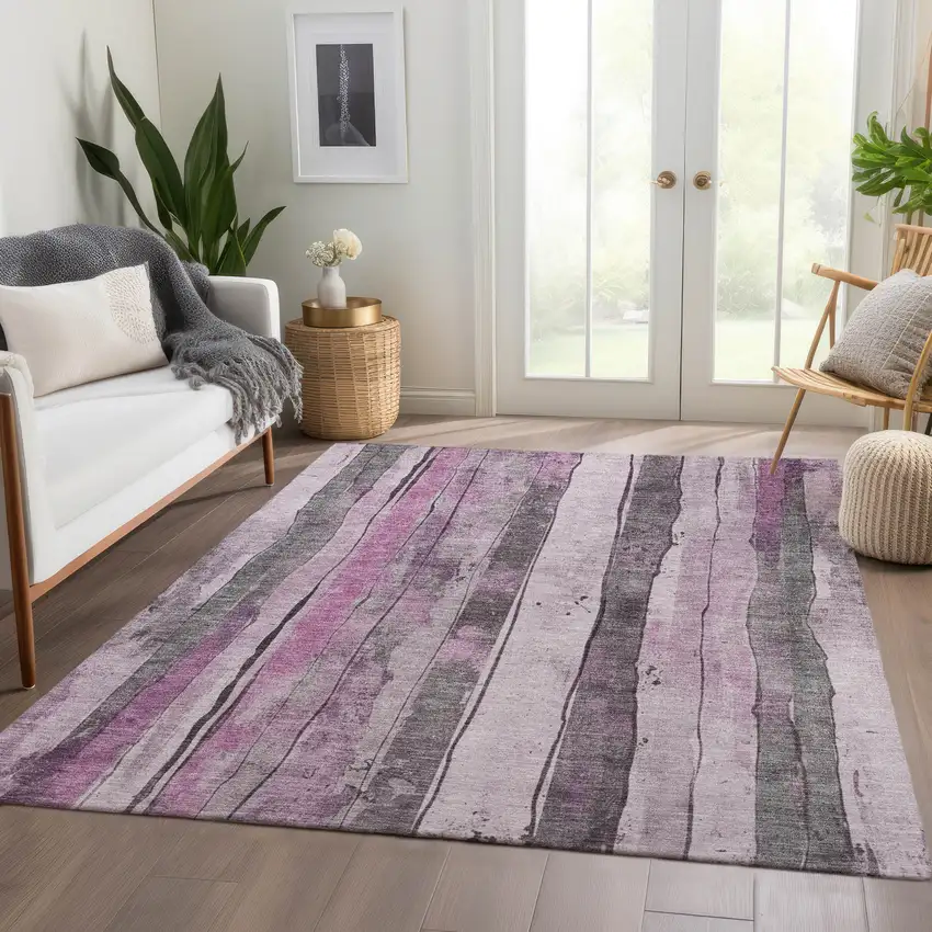 Pink And Gray Striped Washable Indoor Outdoor Area Rug Photo 7