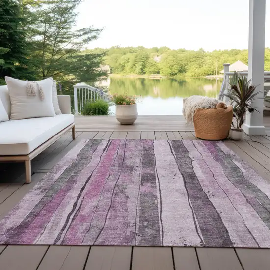 Pink And Gray Striped Washable Indoor Outdoor Area Rug Photo 5