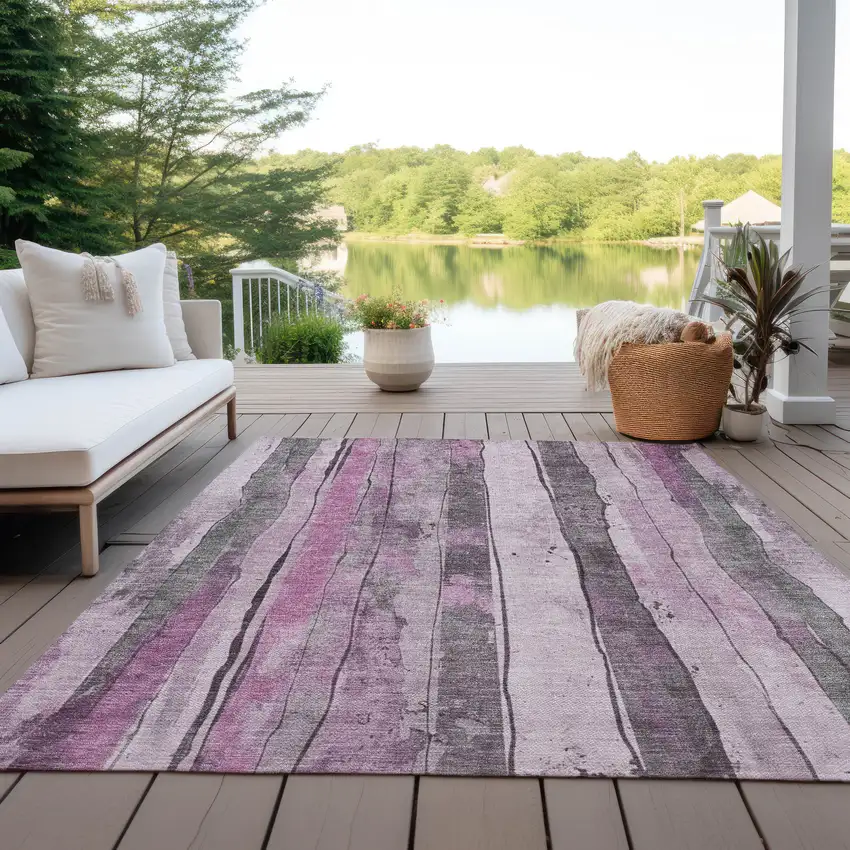 Pink And Gray Striped Washable Indoor Outdoor Area Rug Photo 5