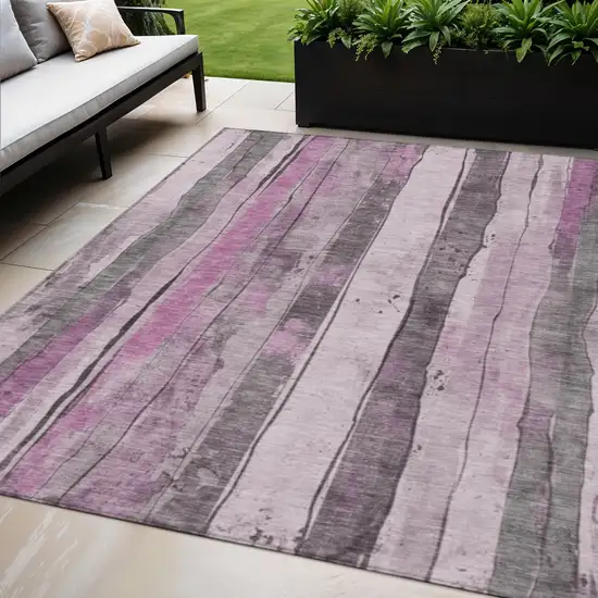 Pink And Gray Striped Washable Indoor Outdoor Area Rug Photo 2