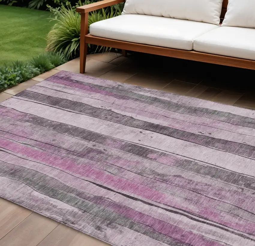 Pink And Gray Striped Washable Indoor Outdoor Area Rug Photo 2