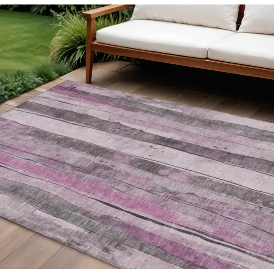 Pink And Gray Striped Washable Indoor Outdoor Area Rug Photo 2