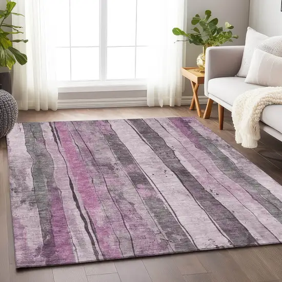 Pink And Gray Striped Washable Indoor Outdoor Area Rug Photo 5
