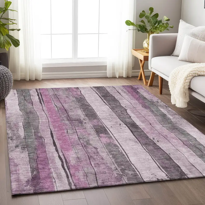 Pink And Gray Striped Washable Indoor Outdoor Area Rug Photo 5