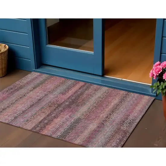 Pink And Gray Striped Washable Indoor Outdoor Area Rug Photo 2