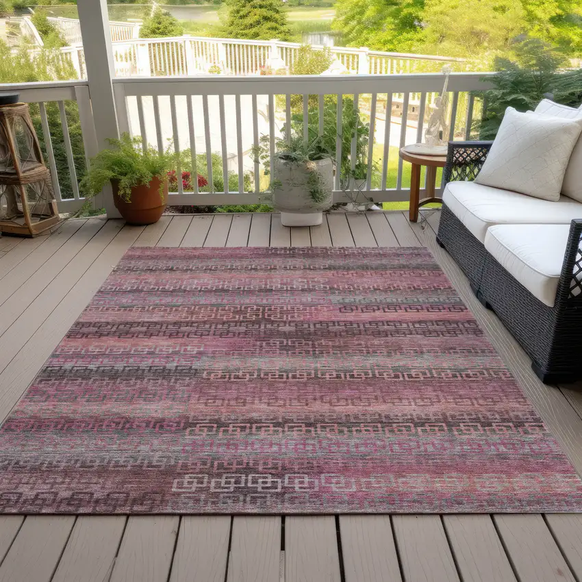 Pink And Gray Striped Washable Indoor Outdoor Area Rug Photo 9